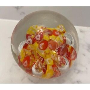 Murano Italian Glass‎ Paperweight Faceted With Millefiori Orange And Yellow EUC